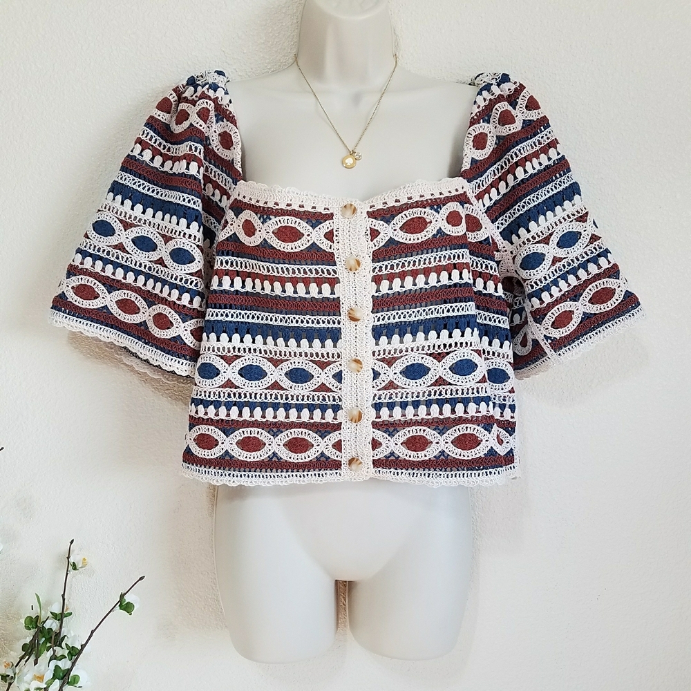 Sézane Breah Blouse - Ecru with Chestnut and Midnight Blue Stripes - Picture 2 of 11